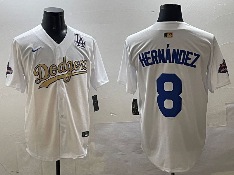 Men Los Angeles Dodgers #8 Hernandez White Champion gold character 2025 Nike MLB Jersey style 3315